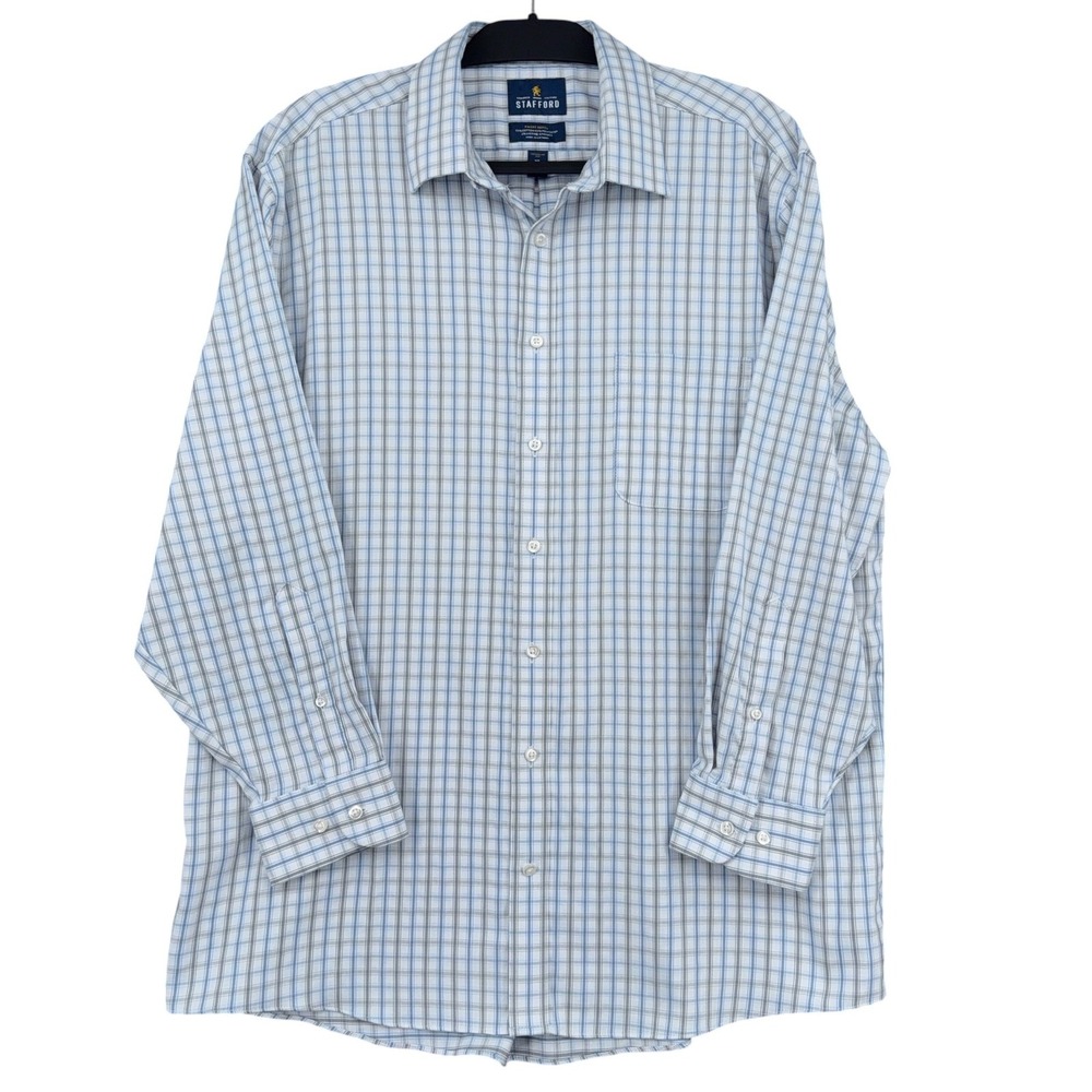 Stafford Button Down Shirt Mens XL 17-17.5 Cotton Blend Blue Plaid